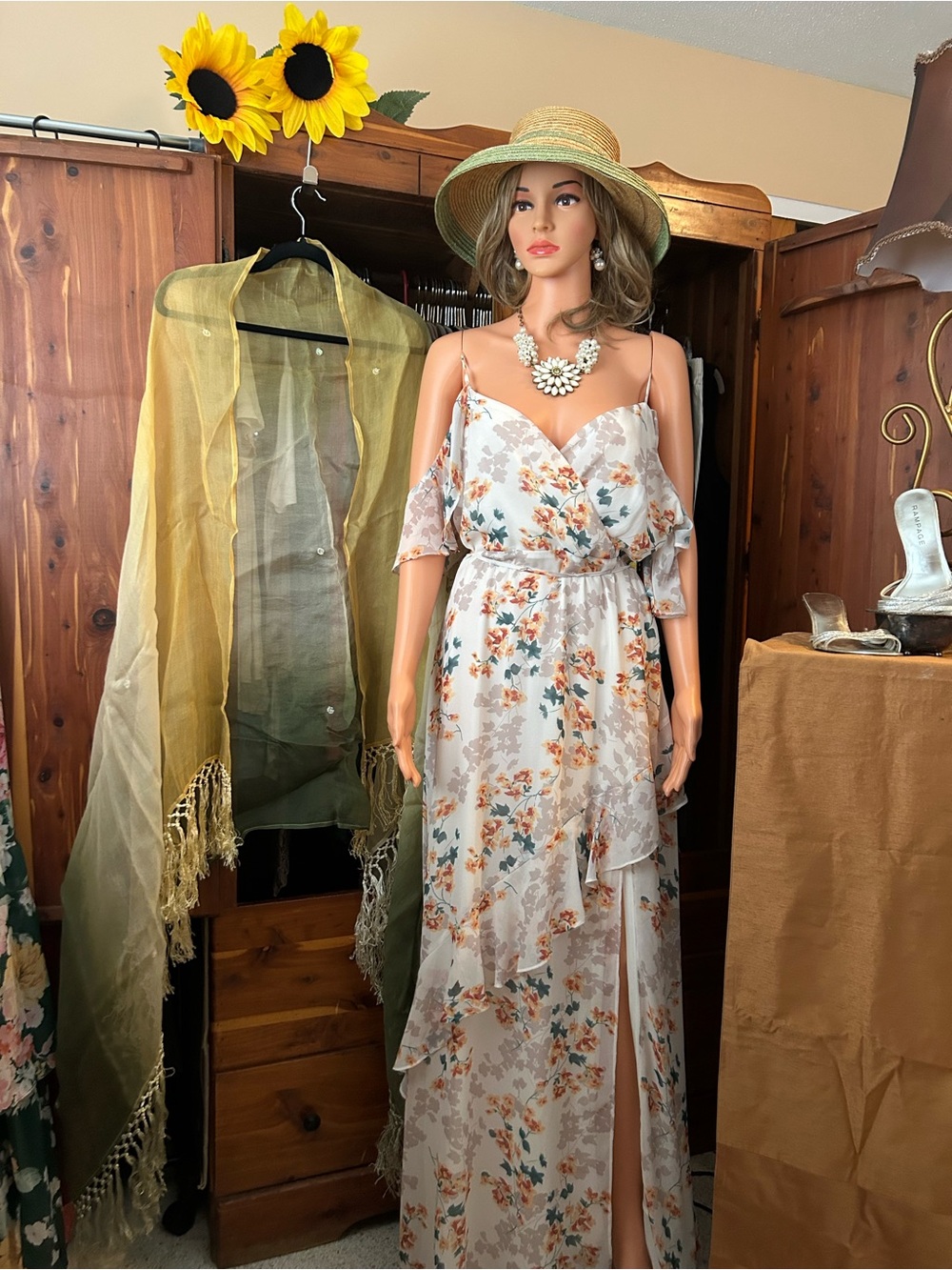 Full out fit , Cold-Shoulder Maxi Dress, shaw, hat, jewelry Free Shipping*